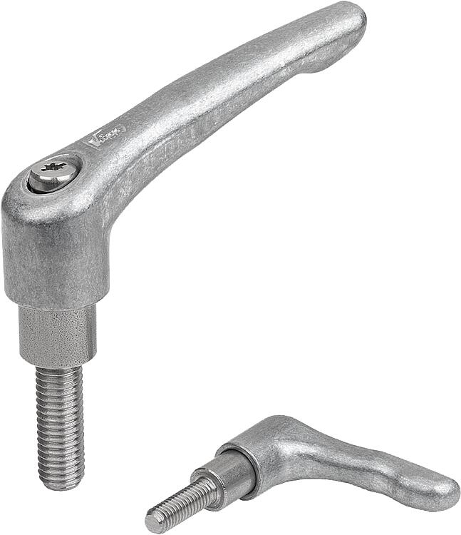 Zinc die-cast clamping levers with extended hub, external thread, stainless steel parts